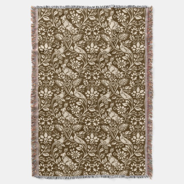 Pheasant and Hare Pattern, Brown and Beige   Throw Blanket (Front Vertical)