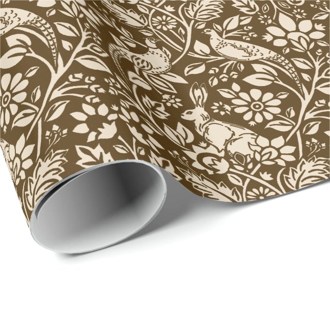 Pheasant and Hare Pattern, Brown and Beige   Wrapping Paper (Roll Corner)
