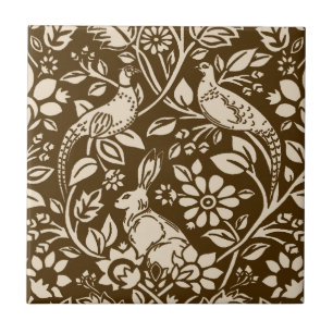 Pheasant and Hare Pattern,  Brown and Cream Ceramic Tile