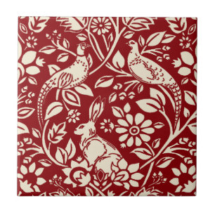 Pheasant and Hare Pattern, Deep Red and Cream Ceramic Tile