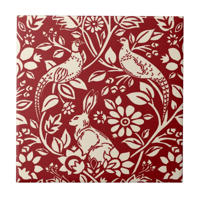 Pheasant and Hare Pattern, Deep Red and Cream Ceramic Tile (Front)