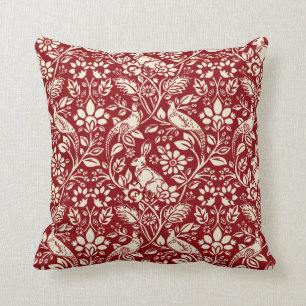 Pheasant and Hare Pattern, Deep Red and Cream Cushion