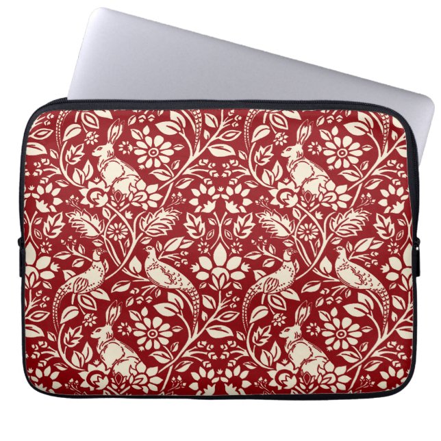 Pheasant and Hare Pattern, Deep Red and Cream   Laptop Sleeve (Front)