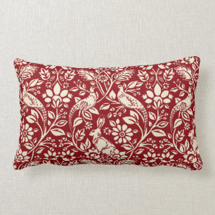 Pheasant and Hare Pattern, Deep Red and Cream Lumbar Cushion