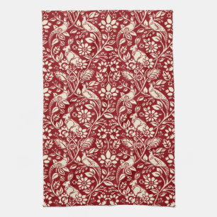 Pheasant and Hare Pattern, Deep Red and Cream Tea Towel