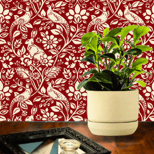 Pheasant and Hare Pattern, Deep Red and Cream Wallpaper