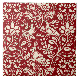 Pheasant and Hare Pattern, Deep Red & Cream Ceramic Tile