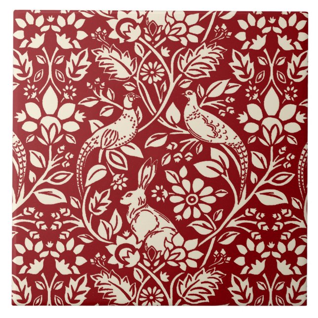 Pheasant and Hare Pattern, Deep Red & Cream Ceramic Tile (Front)
