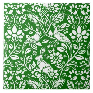 Pheasant and Hare Pattern, Emerald Green and White Ceramic Tile
