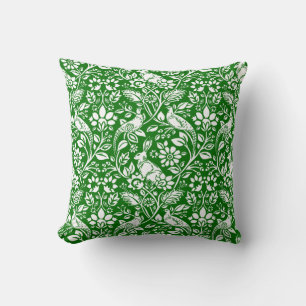 Pheasant and Hare Pattern, Emerald Green and White Cushion