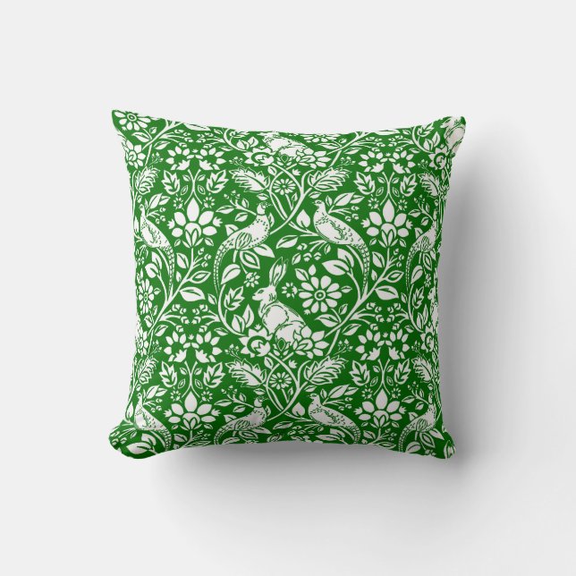 Pheasant and Hare Pattern, Emerald Green and White Cushion (Front)