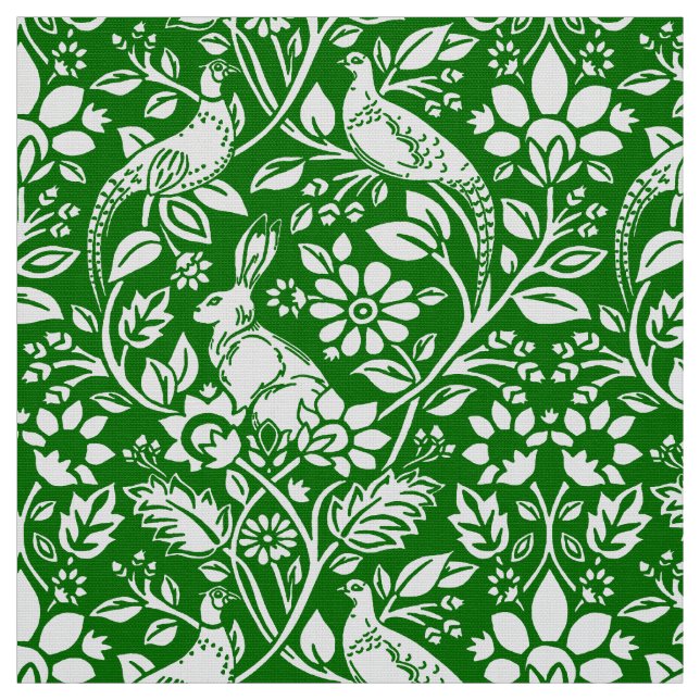 Pheasant and Hare Pattern, Emerald Green and White Fabric (Swatch)