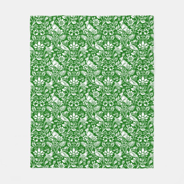 Pheasant and Hare Pattern, Emerald Green and White Fleece Blanket (Front)