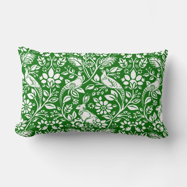 Pheasant and Hare Pattern, Emerald Green and White Lumbar Cushion (Front)