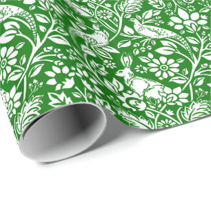 Pheasant and Hare Pattern, Emerald Green and White Wrapping Paper