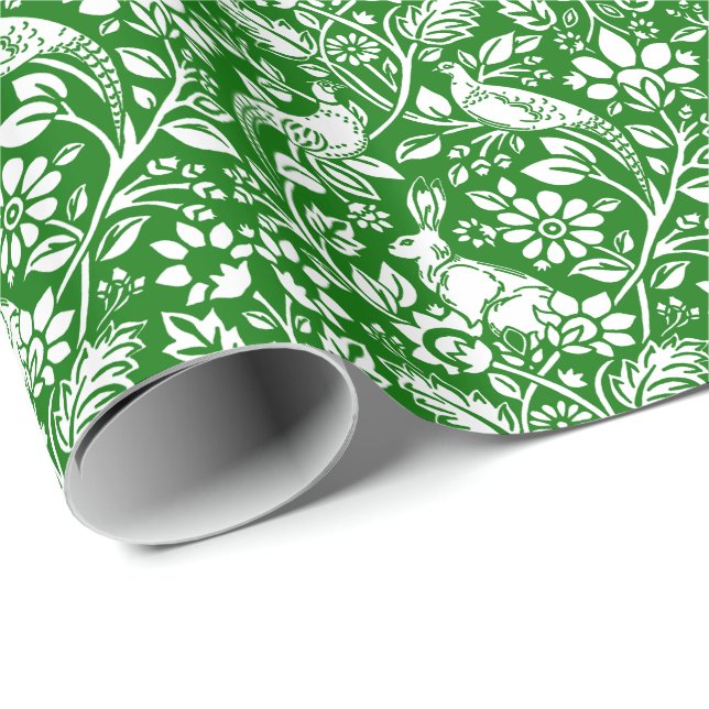 Pheasant and Hare Pattern, Emerald Green and White Wrapping Paper (Roll Corner)