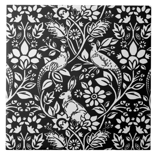 Pheasant and Hare Pattern in Black and White Ceramic Tile (Front)