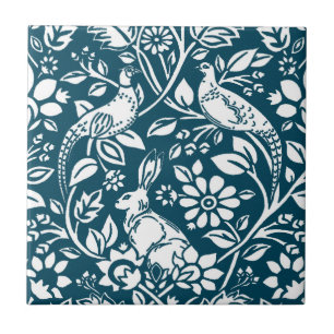 Pheasant and Hare Pattern, Indigo Blue and White Ceramic Tile