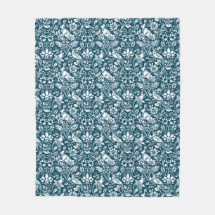 Pheasant and Hare Pattern, Indigo Blue and White Fleece Blanket