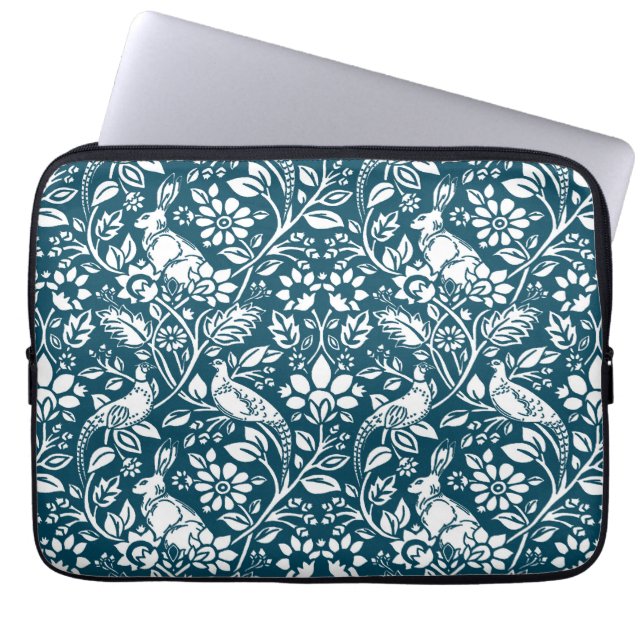 Pheasant and Hare Pattern, Indigo Blue and White Laptop Sleeve (Front)