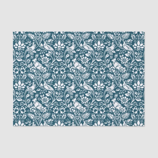 Pheasant and Hare Pattern, Indigo Blue and White Tissue Paper (Front)