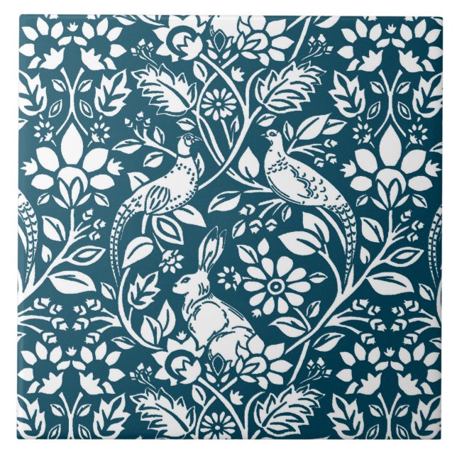 Pheasant and Hare Pattern, Indigo Blue & White Ceramic Tile (Front)