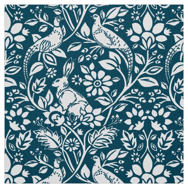 Pheasant and Hare Pattern, Indigo Blue & White Fabric (Swatch)