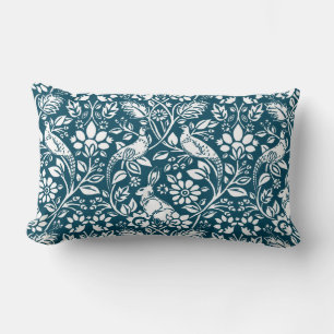 Pheasant and Hare Pattern, Indigo Blue & White Lumbar Cushion