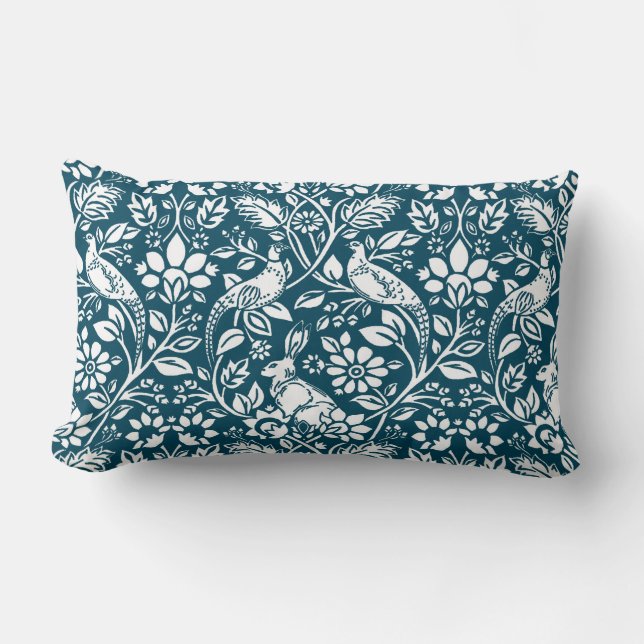 Pheasant and Hare Pattern, Indigo Blue & White Lumbar Cushion (Front)