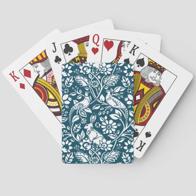 Pheasant and Hare Pattern, Indigo Blue & White Playing Cards (Back)