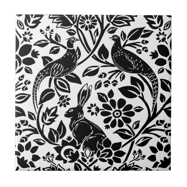 Pheasant and Hare Pattern, White and Black Ceramic Tile (Front)