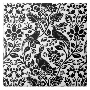 Pheasant and Hare Pattern, White and Black Ceramic Tile