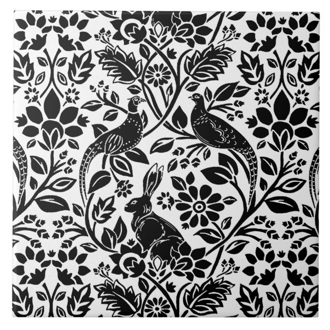 Pheasant and Hare Pattern, White and Black Ceramic Tile (Front)