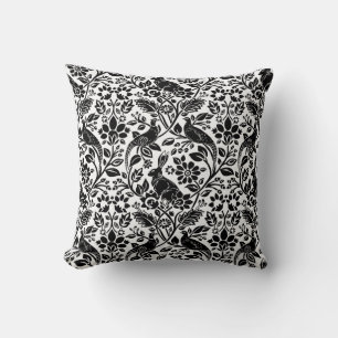 Pheasant and Hare Pattern, White and Black Cushion