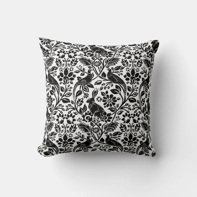 Pheasant and Hare Pattern, White and Black Cushion (Front)