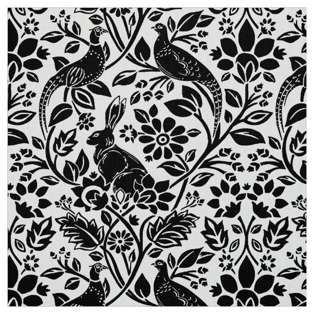 Pheasant and Hare Pattern, White and Black Fabric (Swatch)