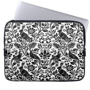 Pheasant and Hare Pattern, White and Black   Laptop Sleeve