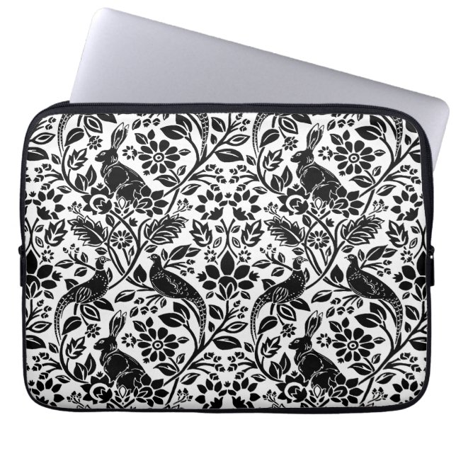 Pheasant and Hare Pattern, White and Black   Laptop Sleeve (Front)