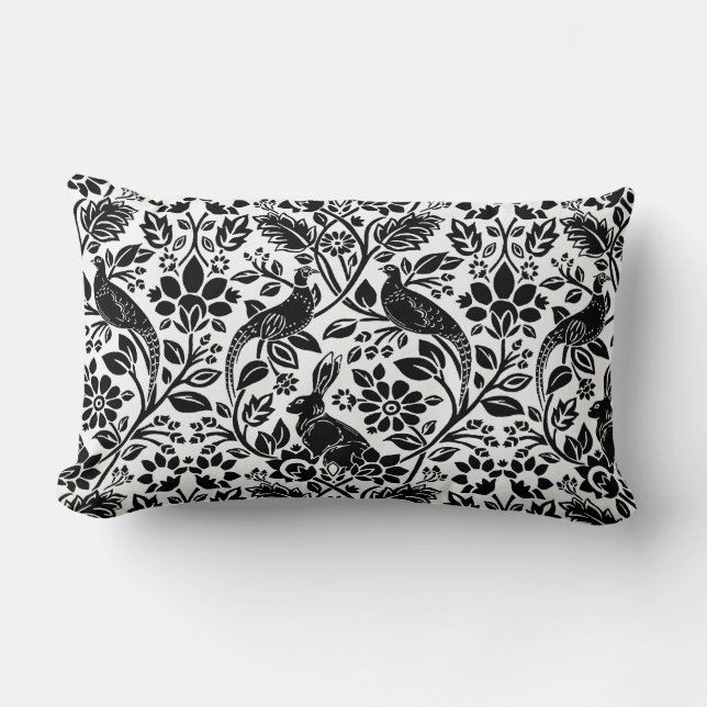 Pheasant and Hare Pattern, White and Black Lumbar Cushion (Front)