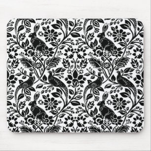 Pheasant and Hare Pattern, White and Black Mouse Pad