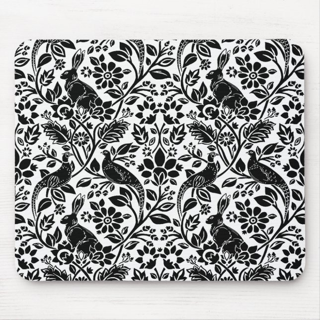 Pheasant and Hare Pattern, White and Black Mouse Pad (Front)