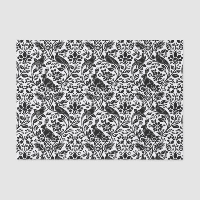Pheasant and Hare Pattern, White and Black   Tissue Paper (Front)