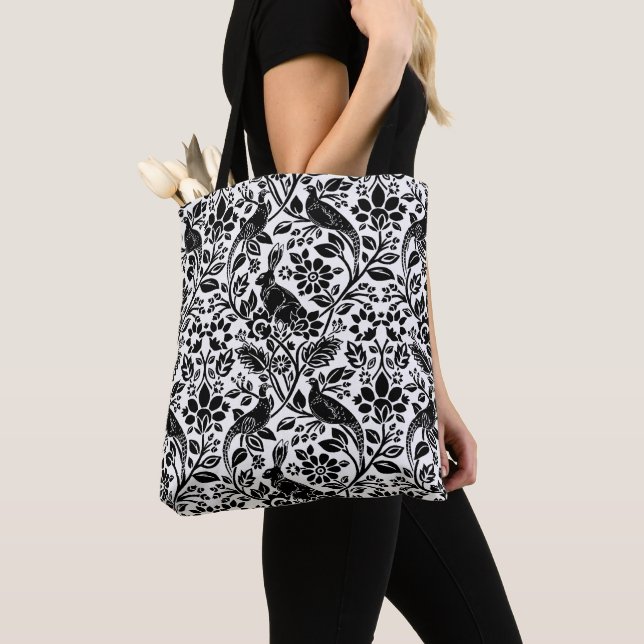 Pheasant and Hare Pattern, White and Black Tote Bag (Close Up)