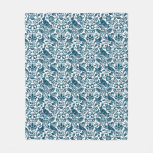 Pheasant and Hare Pattern, White and Dark Blue  Fleece Blanket