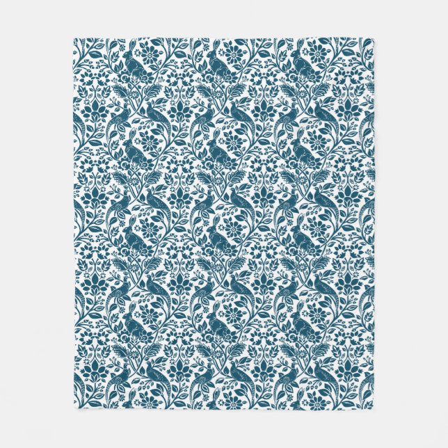Pheasant and Hare Pattern, White and Dark Blue  Fleece Blanket (Front)