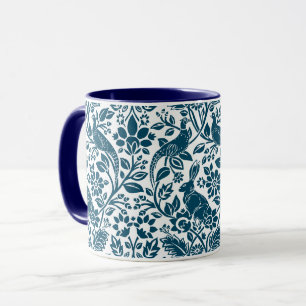 Pheasant and Hare Pattern, White and Dark Blue  Mug