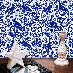 Pheasant and Hare Pattern, White and Dark Blue Wallpaper