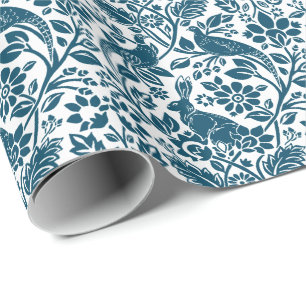 Pheasant and Hare Pattern, White and Dark Blue  Wrapping Paper