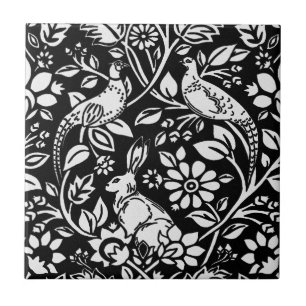 Pheasant and Hare Pattern, White on Black  Ceramic Tile