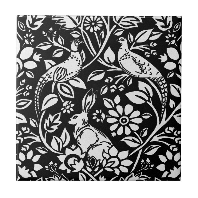 Pheasant and Hare Pattern, White on Black  Ceramic Tile (Front)